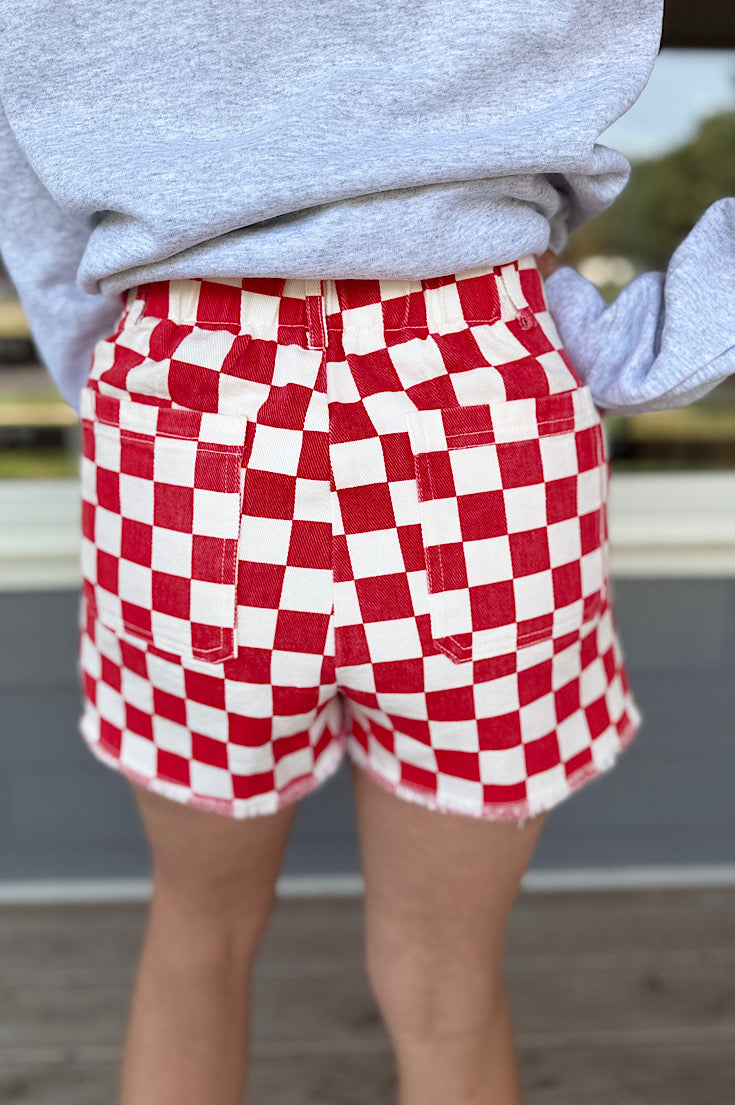 Chelsie Red Checker Denim Shorts