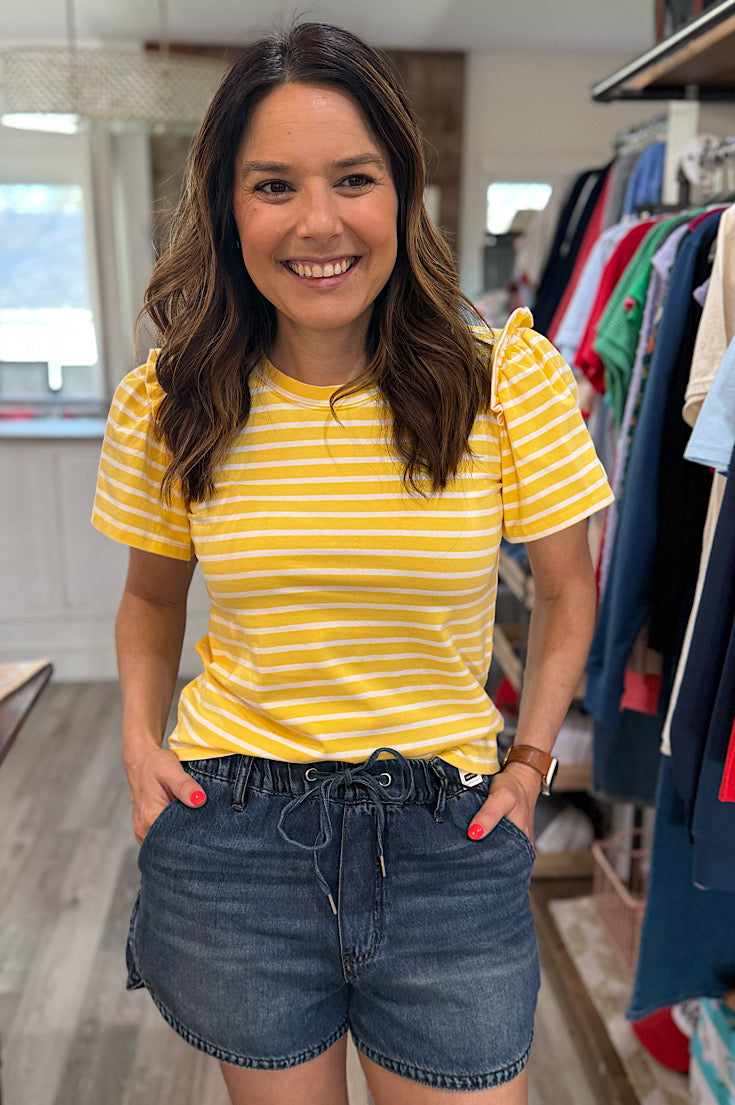 Carter Yellow Stripe Flutter Sleeve Top