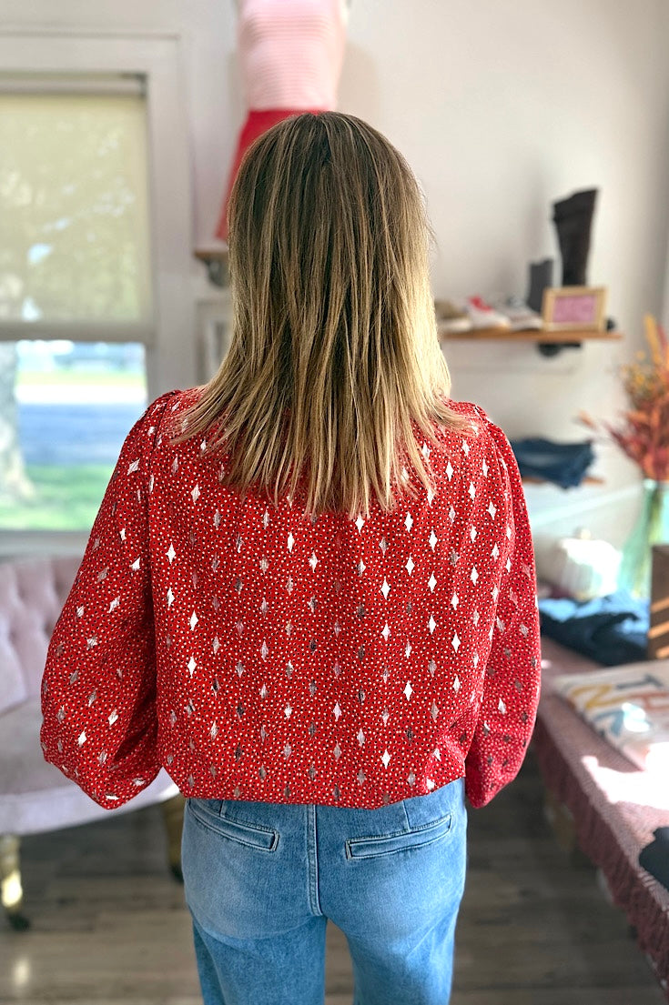 Carly Red Dot Ruffle Neck Blouse