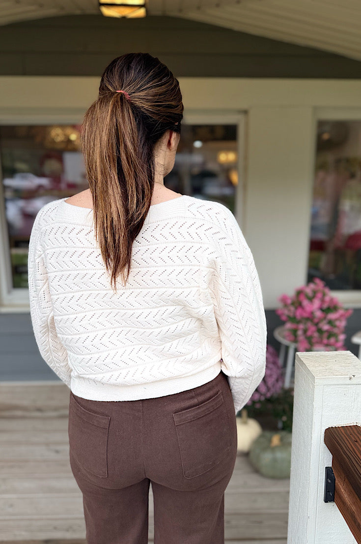 Ava Ivory Chevron Pointelle Boat Neck Sweater