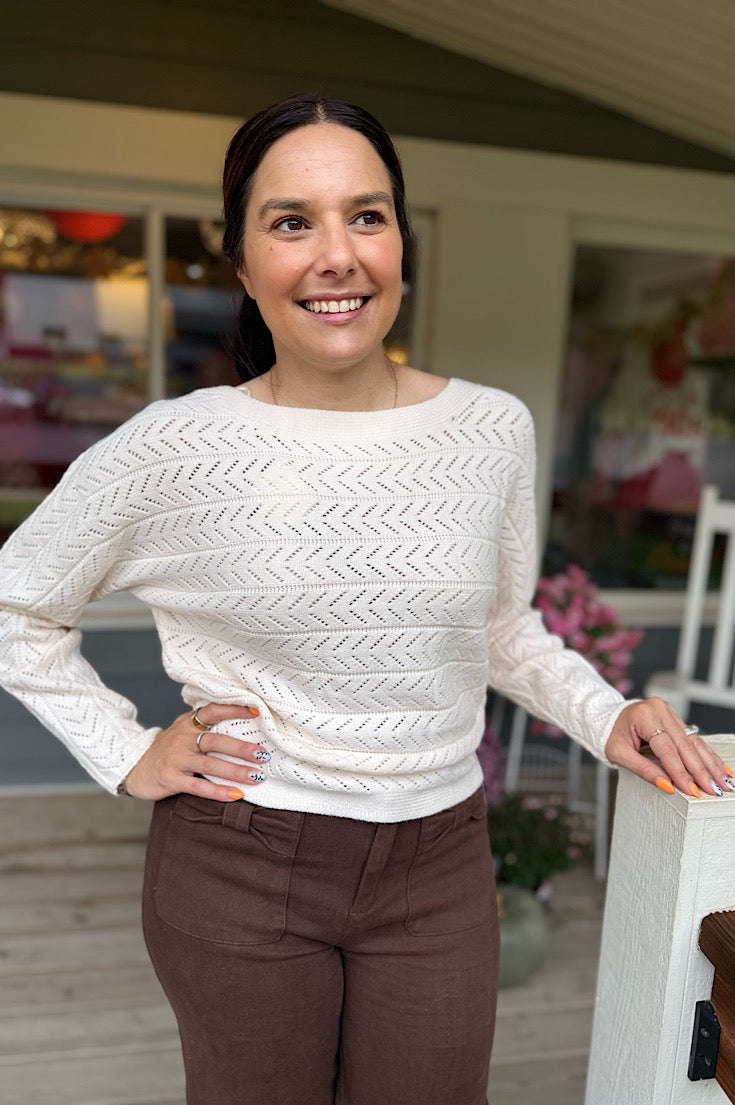 Ava Ivory Chevron Pointelle Boat Neck Sweater
