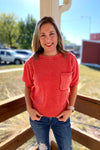 Claire Washed Red Puff Short Sleeve Sweater With Front Pocket