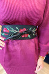 Faux Leather Wide Black Floral Belt