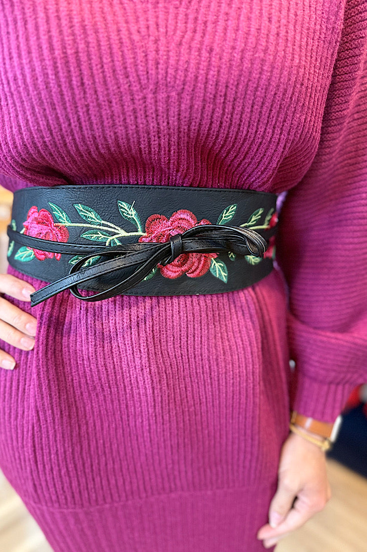 Faux Leather Wide Black Floral Belt