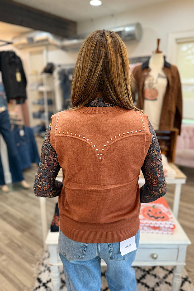 Chesney Copper Western Studded Sleeveless Sweater