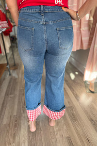 Kennedi High Rise Straight Leg Red Gingham Cuff Crop Denim