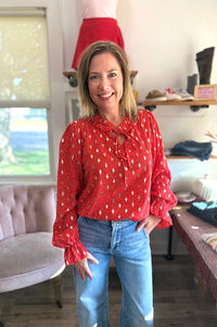 Carly Red Dot Ruffle Neck Blouse