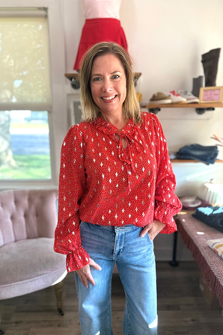 Carly Red Dot Ruffle Neck Blouse