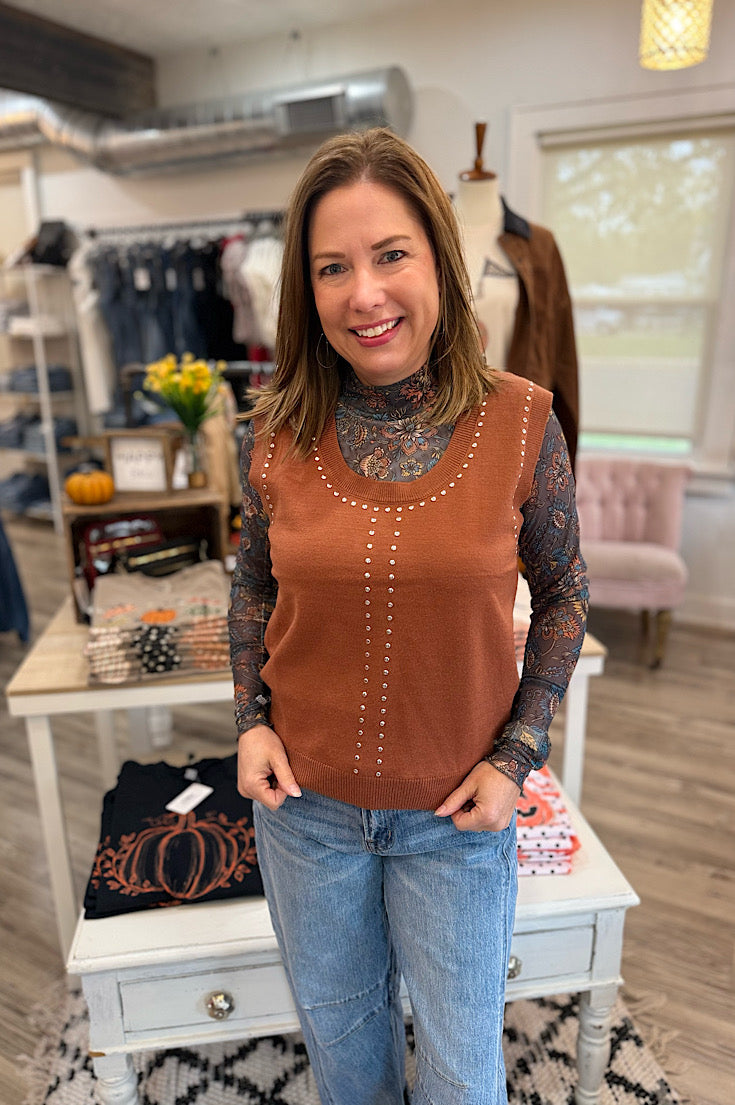 Chesney Copper Western Studded Sleeveless Sweater