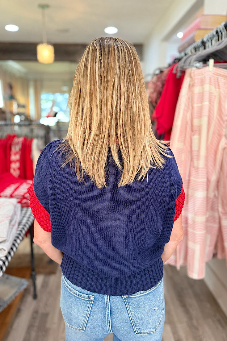 Kaia Navy & Red Contrast Short Sleeve Sweater