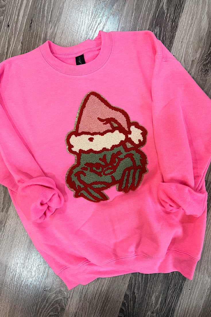 Grinch Patch Youth Neon Pink Sweatshirt