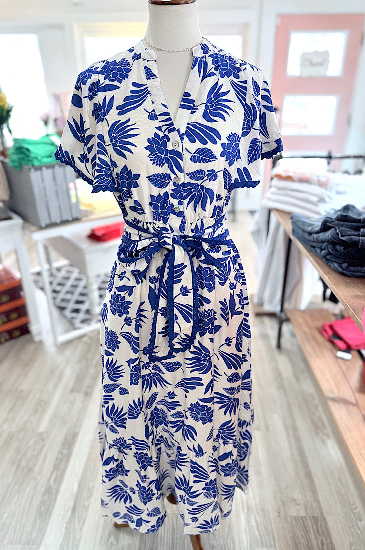 Katalina Blue and Off White Floral Maxi Dress