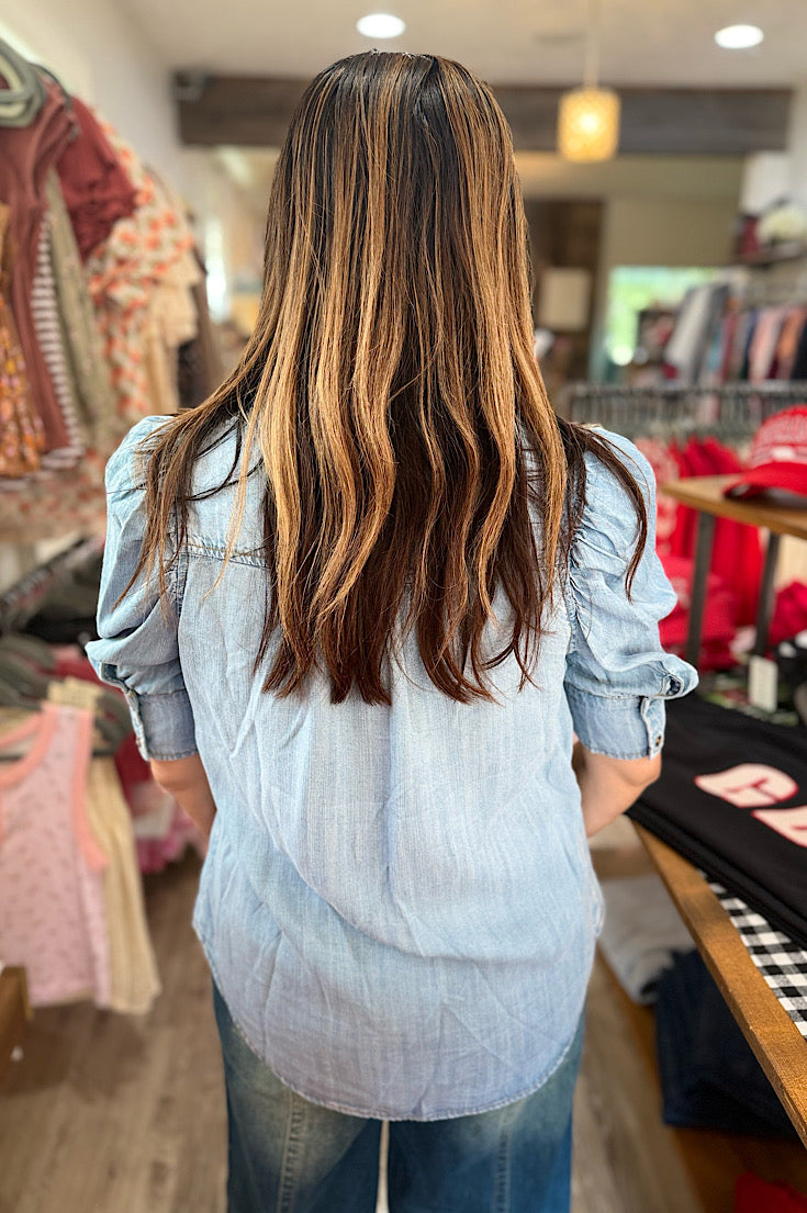 Marlee Short Puff Sleeve Chambray Top