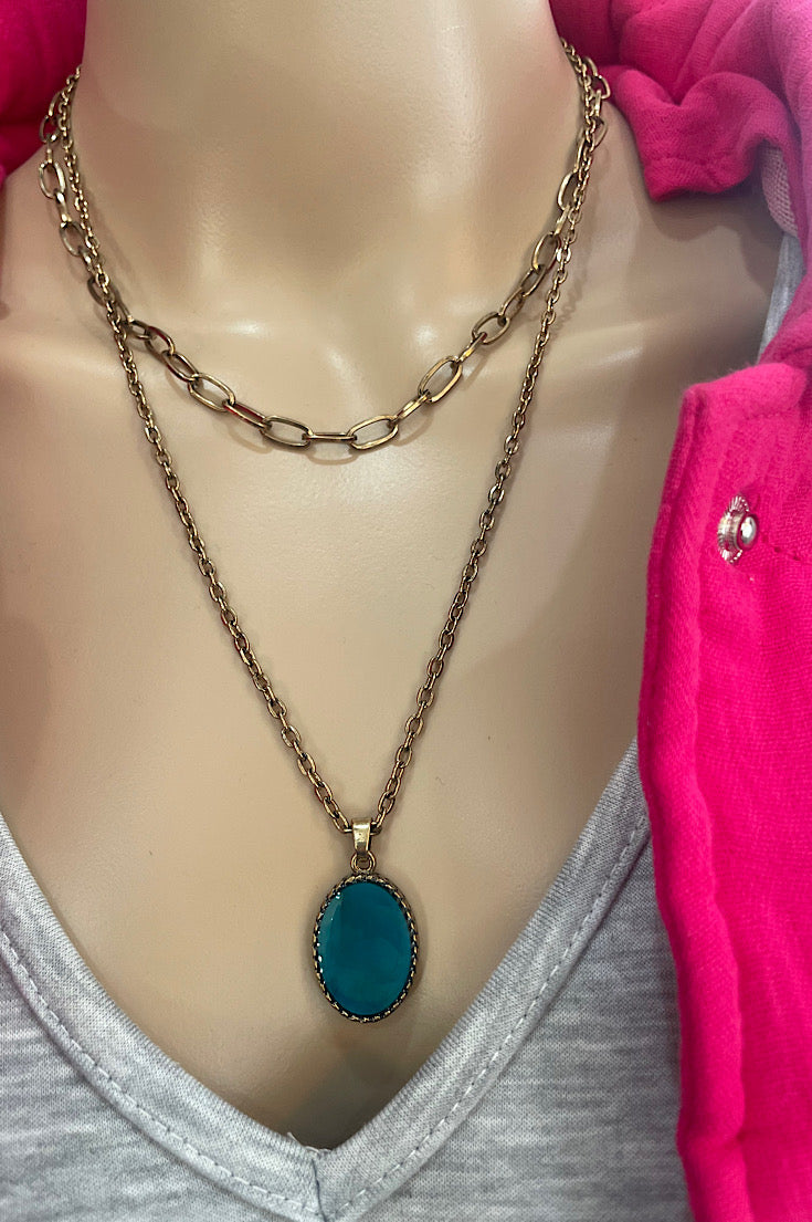 Burnished Gold Double Layer Necklace with Turquoise Charm