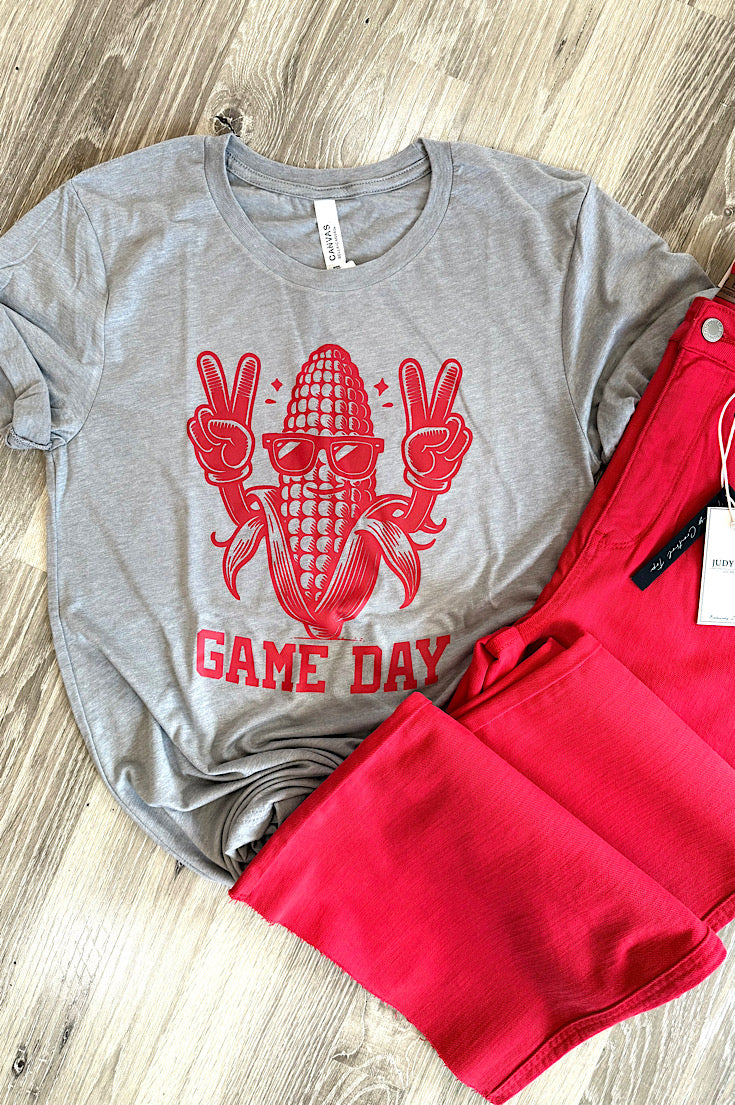 Retro Game Day Corn Guy on Gray Tee