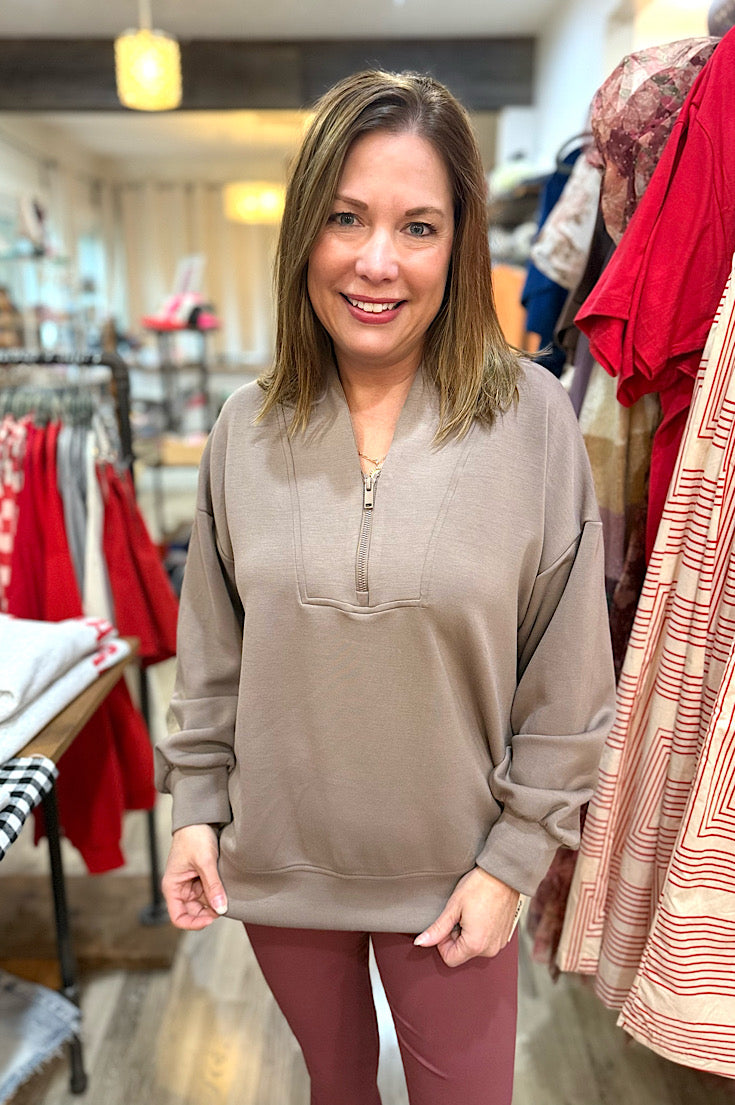 London Mocha Luxe Scuba V-Neck Zip Up