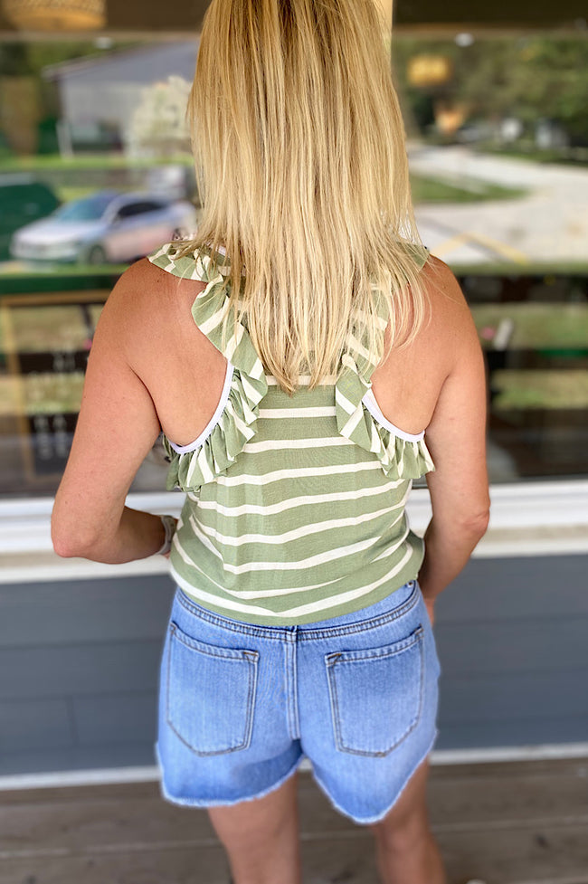 Arlo Sage Stripe Ruffle Tank