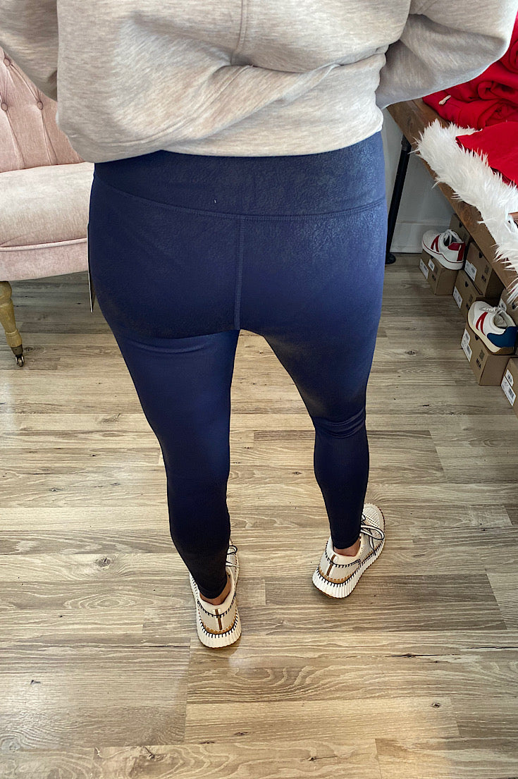 Kaycee Navy Faux Cracked Leather Leggings