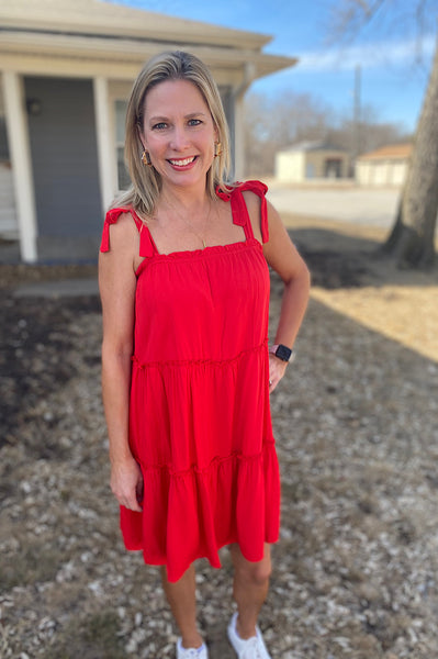Audrey Red Tiered Dress With Shoulder Tie