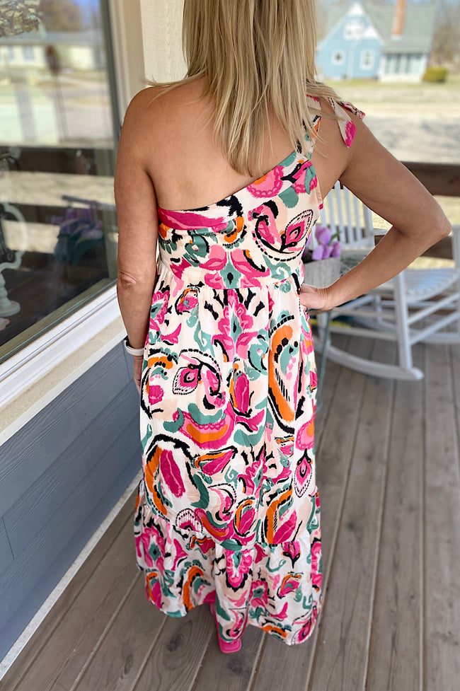 Remy Abstract Print One Shoulder Midi Dress