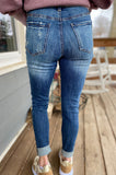 Shaylee Mid Rise Dark Wash Distressed Skinny Denim