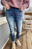Shaylee Mid Rise Dark Wash Distressed Skinny Denim