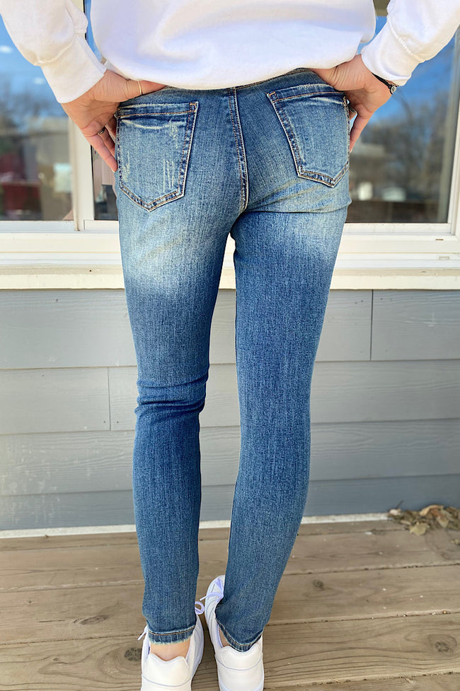 Shaylee Mid Rise Dark Wash Distressed Skinny Denim