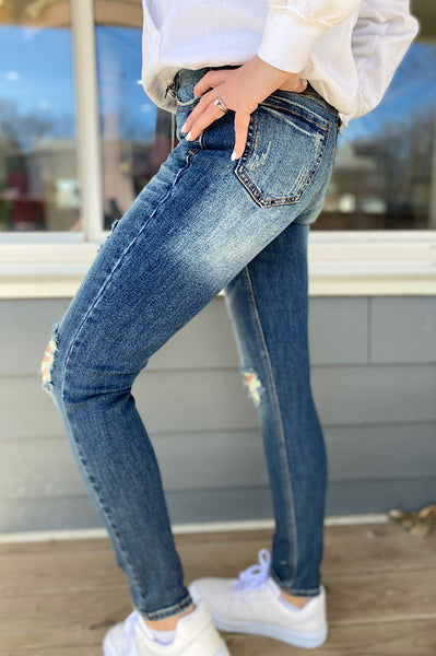 Shaylee Mid Rise Dark Wash Distressed Skinny Denim