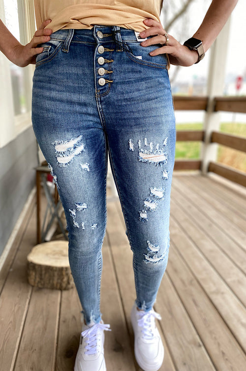 Jaylin Judy Blue Button Fly Distressed Skinny Denim